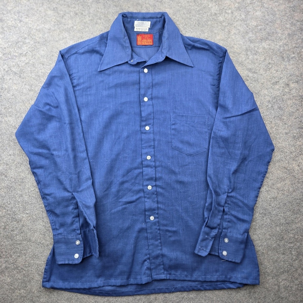 Vintage Kings Road Dress Shirt Mens XL 17.5 Blue Solid Relaxed Fit Long Sleeve